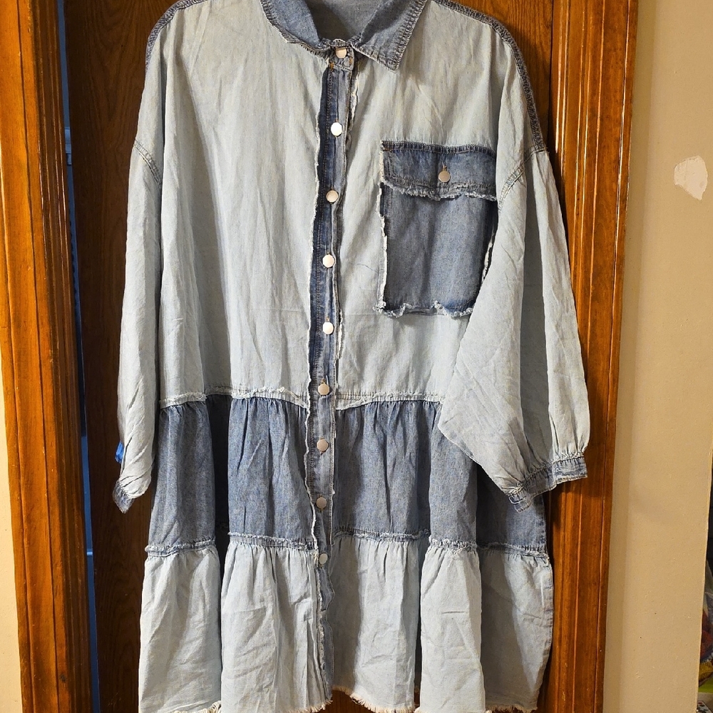 POL Two-Tone Denim Button-Up Dress